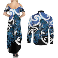 Piwakawaka New Zealand Matariki Couples Matching Summer Maxi Dress and Long Sleeve Button Shirt Maori New Year Silver Fern Blue Galaxy LT14 - Polynesian Pride
