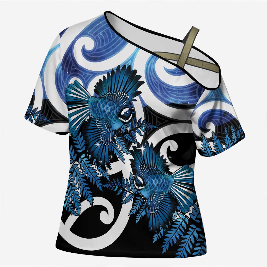 Piwakawaka New Zealand Matariki Cross Shoulder Shirt Maori New Year Silver Fern Blue Galaxy LT14 Female Blue - Polynesian Pride