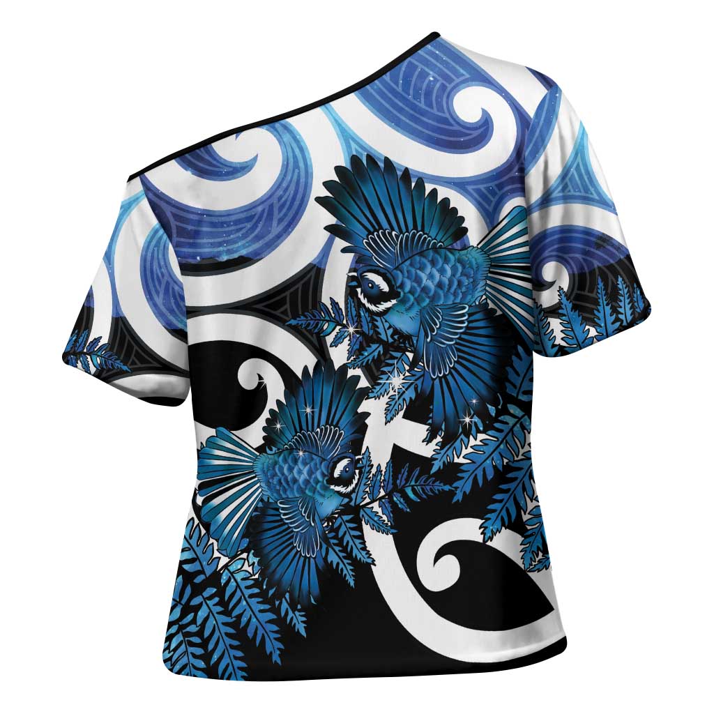 Piwakawaka New Zealand Matariki Cross Shoulder Shirt Maori New Year Silver Fern Blue Galaxy LT14 - Polynesian Pride