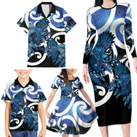 Piwakawaka New Zealand Matariki Family Matching Long Sleeve Bodycon Dress and Hawaiian Shirt Maori New Year Silver Fern Blue Galaxy LT14 - Polynesian Pride