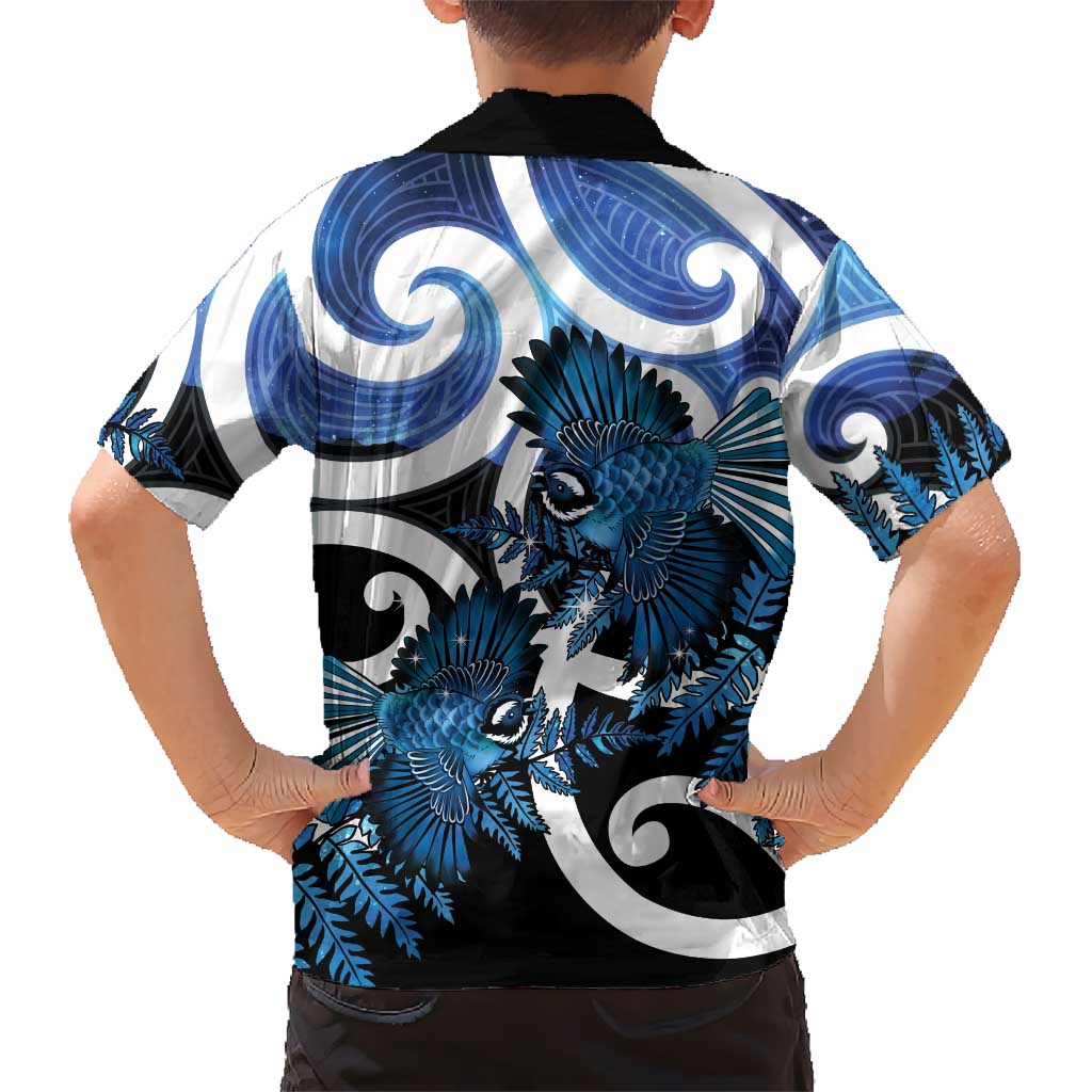 Piwakawaka New Zealand Matariki Family Matching Off The Shoulder Long Sleeve Dress and Hawaiian Shirt Maori New Year Silver Fern Blue Galaxy LT14 - Polynesian Pride