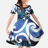 Piwakawaka New Zealand Matariki Family Matching Off Shoulder Maxi Dress and Hawaiian Shirt Maori New Year Silver Fern Blue Galaxy LT14 Daughter's Dress Blue - Polynesian Pride