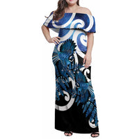 Piwakawaka New Zealand Matariki Family Matching Off Shoulder Maxi Dress and Hawaiian Shirt Maori New Year Silver Fern Blue Galaxy LT14 Mom's Dress Blue - Polynesian Pride