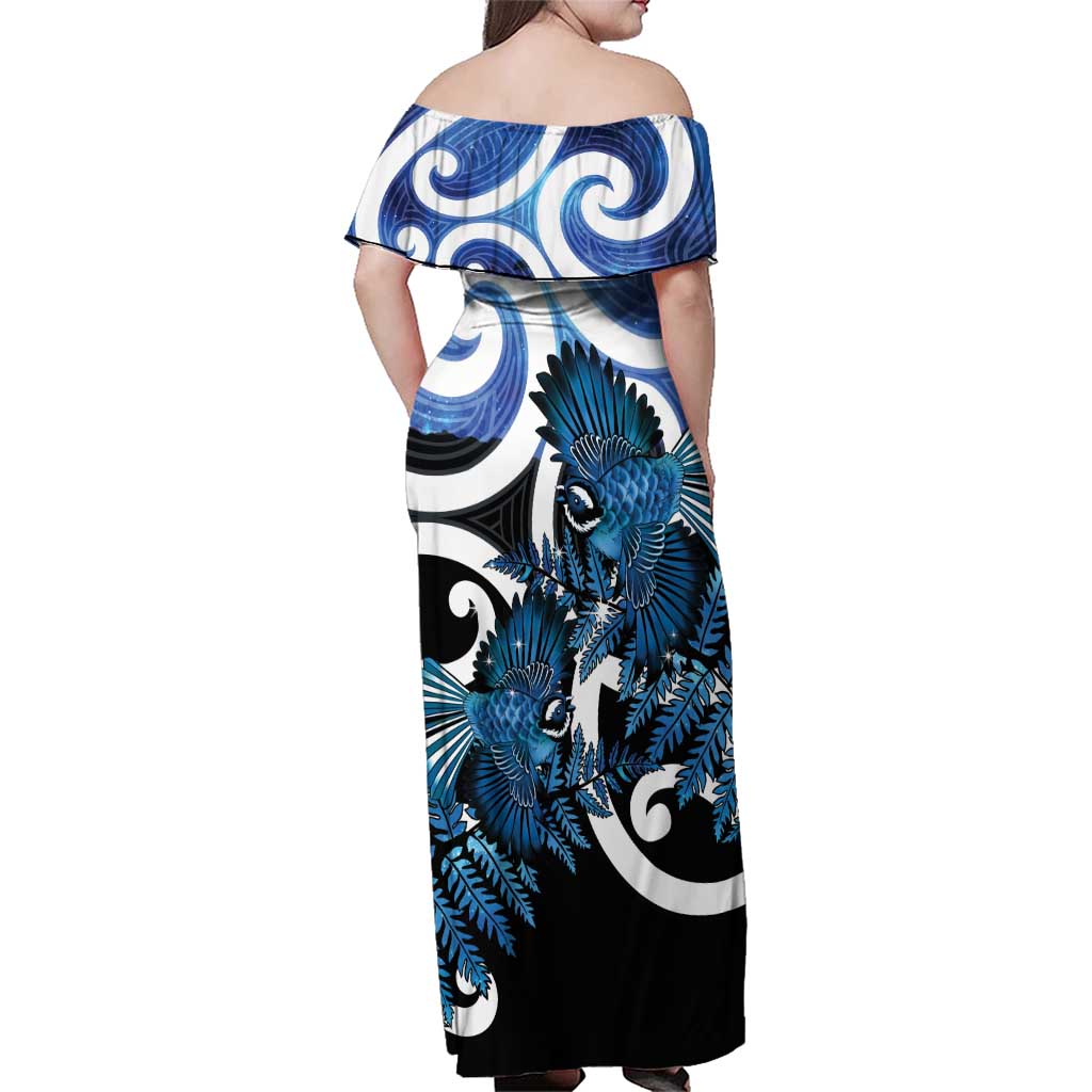 Piwakawaka New Zealand Matariki Family Matching Off Shoulder Maxi Dress and Hawaiian Shirt Maori New Year Silver Fern Blue Galaxy LT14 - Polynesian Pride