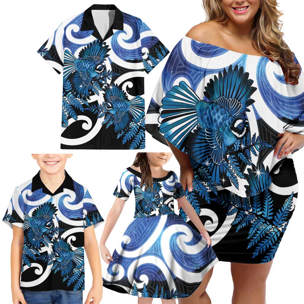 Piwakawaka New Zealand Matariki Family Matching Off Shoulder Short Dress and Hawaiian Shirt Maori New Year Silver Fern Blue Galaxy
