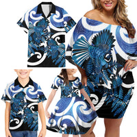 Piwakawaka New Zealand Matariki Family Matching Off Shoulder Short Dress and Hawaiian Shirt Maori New Year Silver Fern Blue Galaxy LT14 - Polynesian Pride