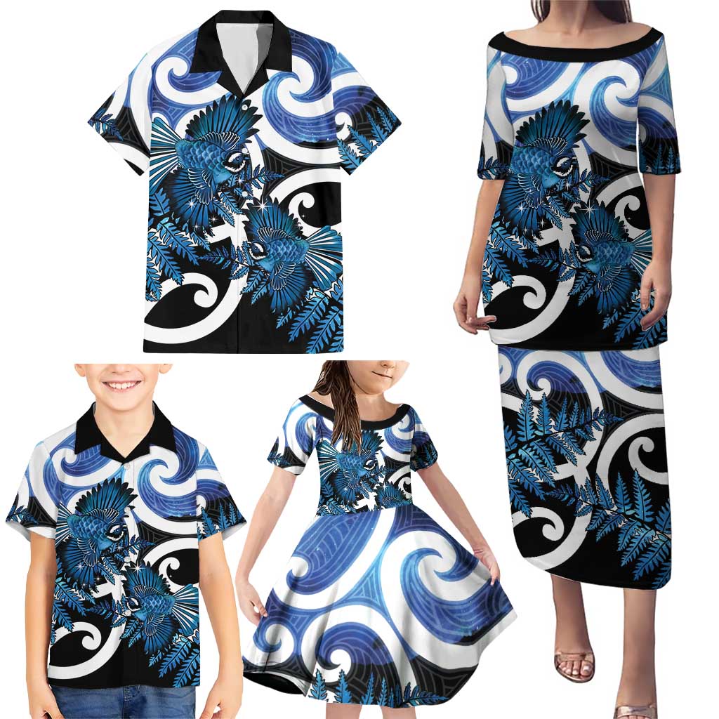 Piwakawaka New Zealand Matariki Family Matching Puletasi and Hawaiian Shirt Maori New Year Silver Fern Blue Galaxy LT14 - Polynesian Pride
