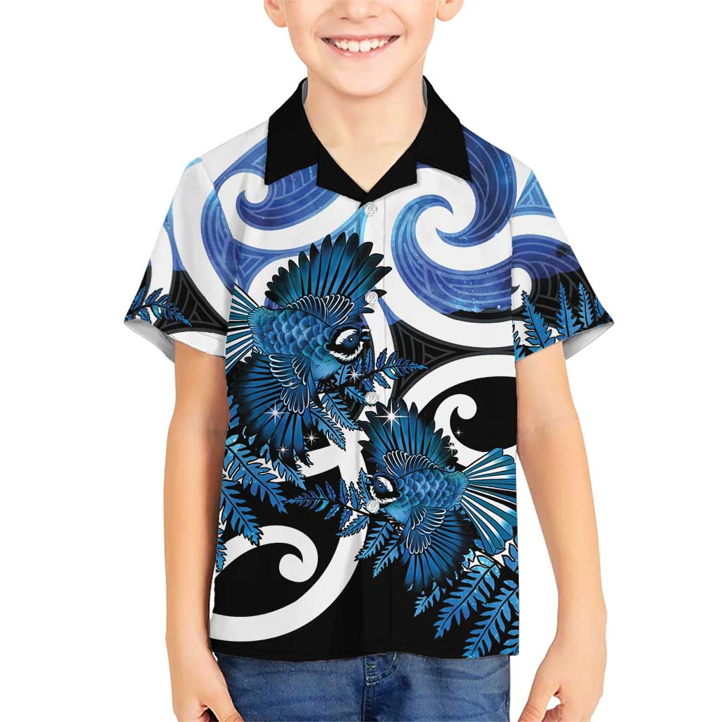Piwakawaka New Zealand Matariki Family Matching Puletasi and Hawaiian Shirt Maori New Year Silver Fern Blue Galaxy LT14 Son's Shirt Blue - Polynesian Pride