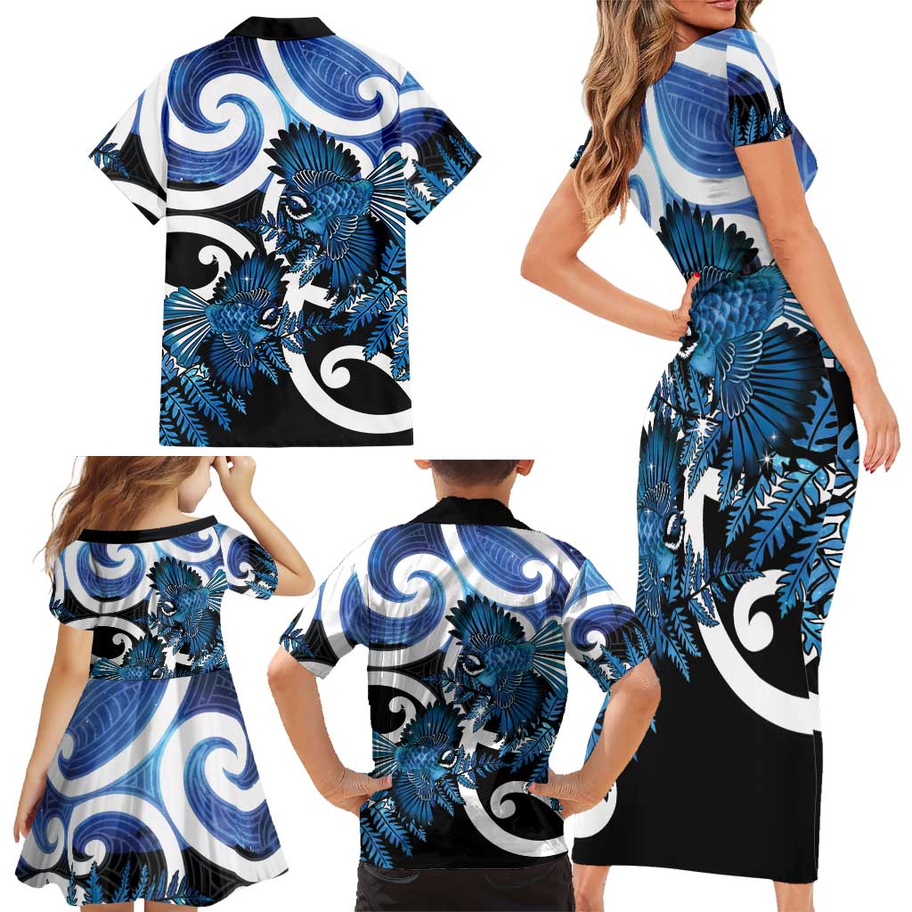 Piwakawaka New Zealand Matariki Family Matching Short Sleeve Bodycon Dress and Hawaiian Shirt Maori New Year Silver Fern Blue Galaxy LT14 - Polynesian Pride