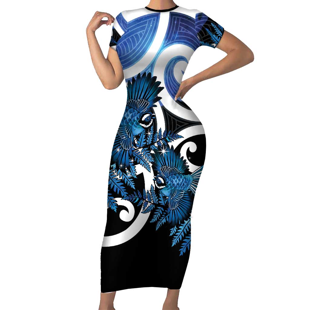 Piwakawaka New Zealand Matariki Family Matching Short Sleeve Bodycon Dress and Hawaiian Shirt Maori New Year Silver Fern Blue Galaxy LT14 Mom's Dress Blue - Polynesian Pride