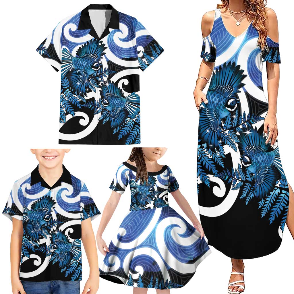 Piwakawaka New Zealand Matariki Family Matching Summer Maxi Dress and Hawaiian Shirt Maori New Year Silver Fern Blue Galaxy