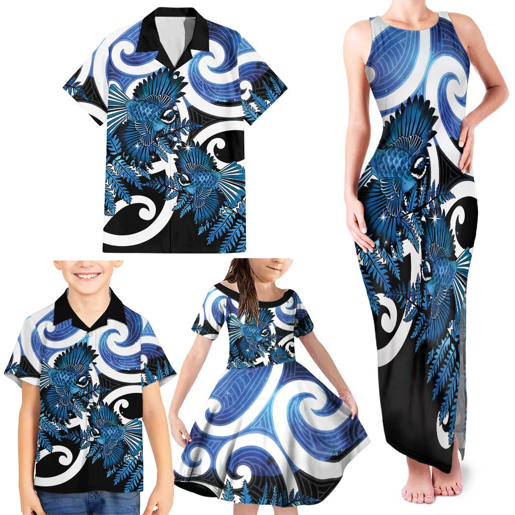 Piwakawaka New Zealand Matariki Family Matching Tank Maxi Dress and Hawaiian Shirt Maori New Year Silver Fern Blue Galaxy LT14 - Polynesian Pride