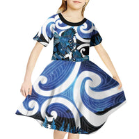 Piwakawaka New Zealand Matariki Kid Short Sleeve Dress Maori New Year Silver Fern Blue Galaxy LT14 - Polynesian Pride
