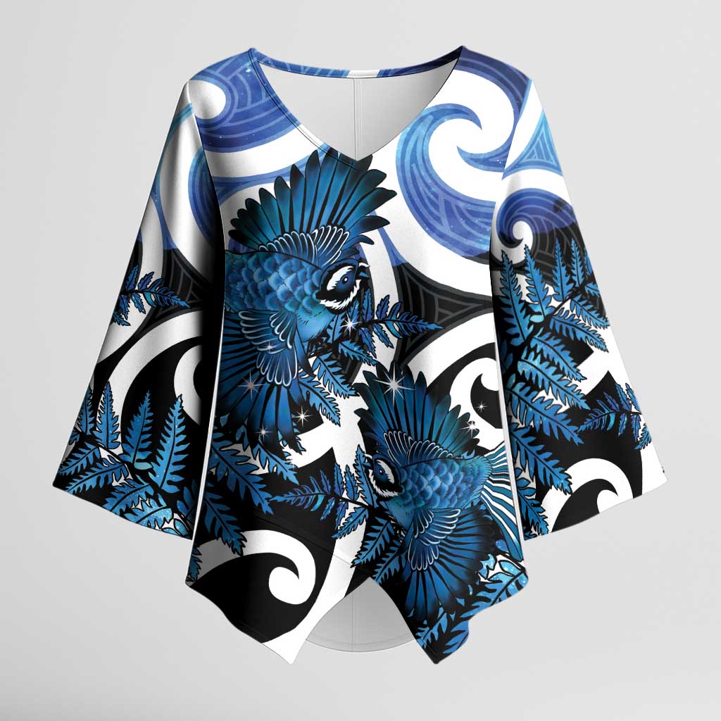 Piwakawaka New Zealand Matariki Kimono Sleeve Blouse Maori New Year Silver Fern Blue Galaxy LT14 Female Blue - Polynesian Pride