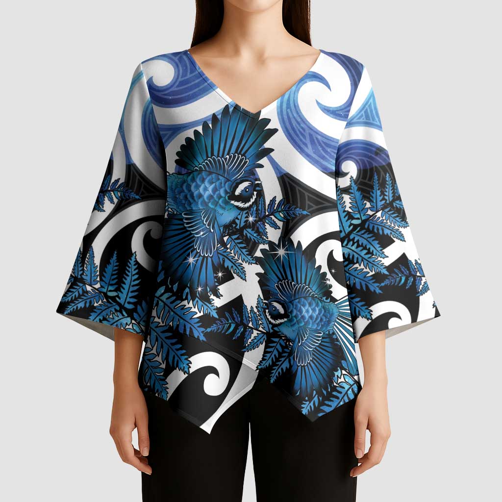Piwakawaka New Zealand Matariki Kimono Sleeve Blouse Maori New Year Silver Fern Blue Galaxy LT14 - Polynesian Pride