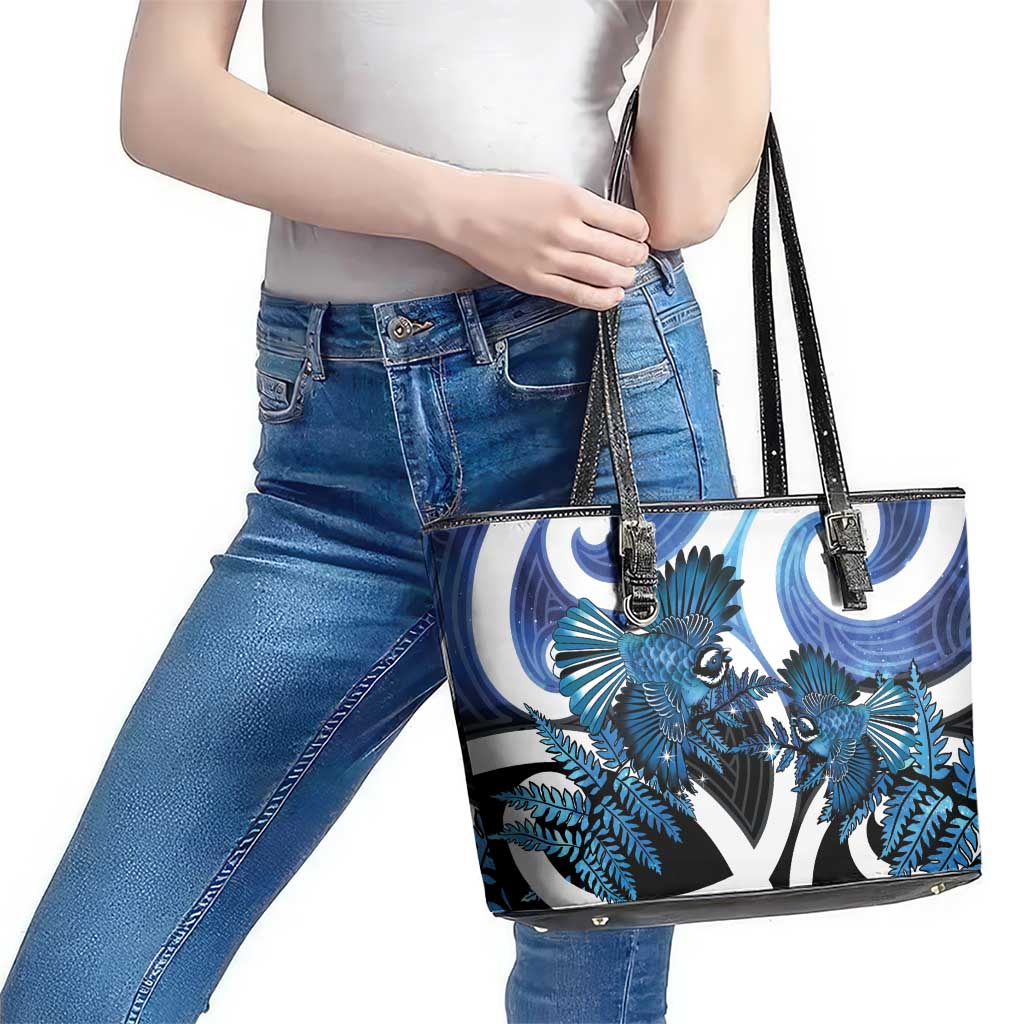 Piwakawaka New Zealand Matariki Leather Tote Bag Maori New Year Silver Fern Blue Galaxy LT14 - Polynesian Pride
