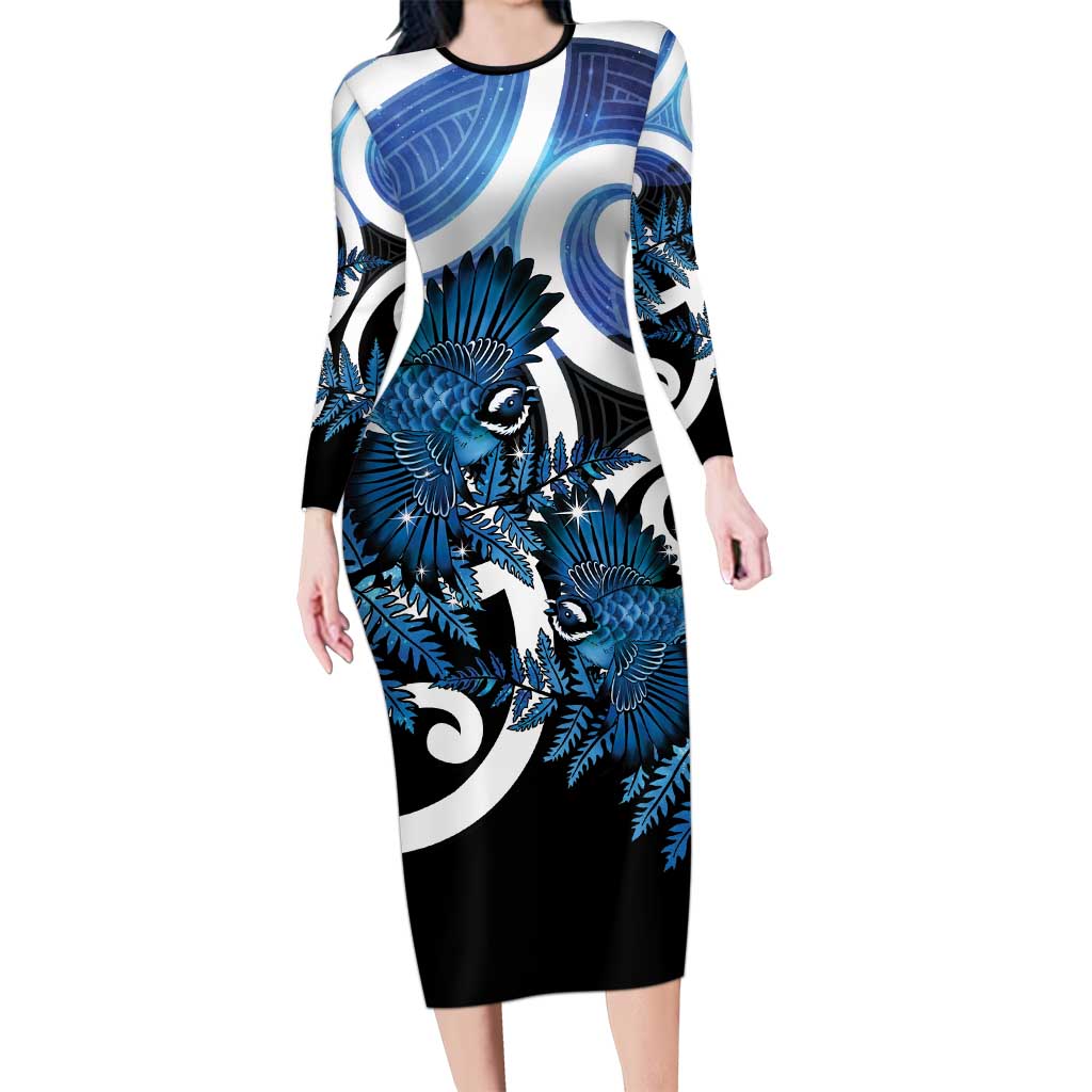 Piwakawaka New Zealand Matariki Long Sleeve Bodycon Dress Maori New Year Silver Fern Blue Galaxy