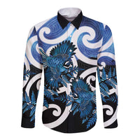 Piwakawaka New Zealand Matariki Long Sleeve Button Shirt Maori New Year Silver Fern Blue Galaxy