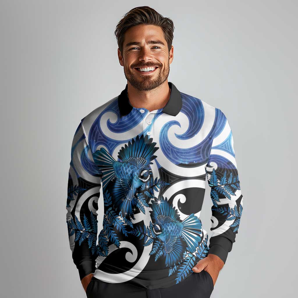 Piwakawaka New Zealand Matariki Long Sleeve Polo Shirt Maori New Year Silver Fern Blue Galaxy LT14 - Polynesian Pride