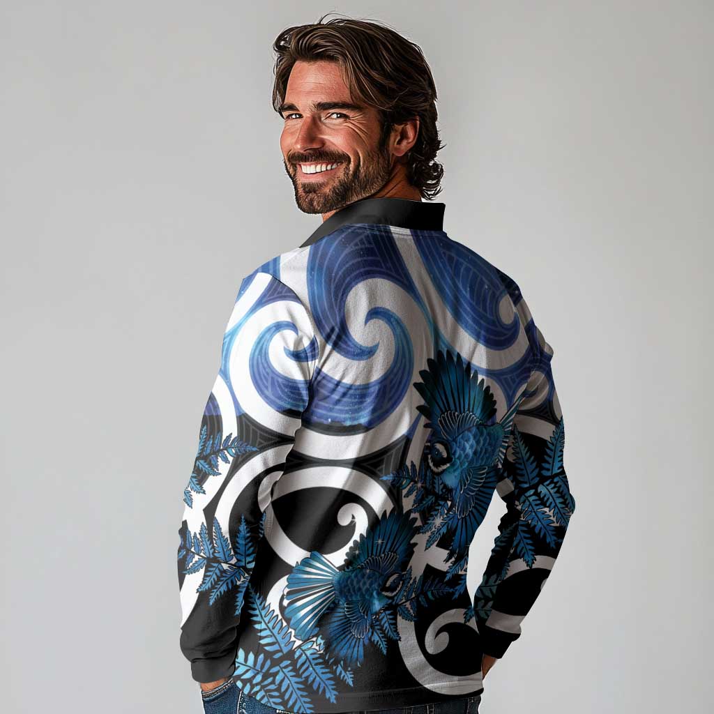 Piwakawaka New Zealand Matariki Long Sleeve Polo Shirt Maori New Year Silver Fern Blue Galaxy LT14 - Polynesian Pride