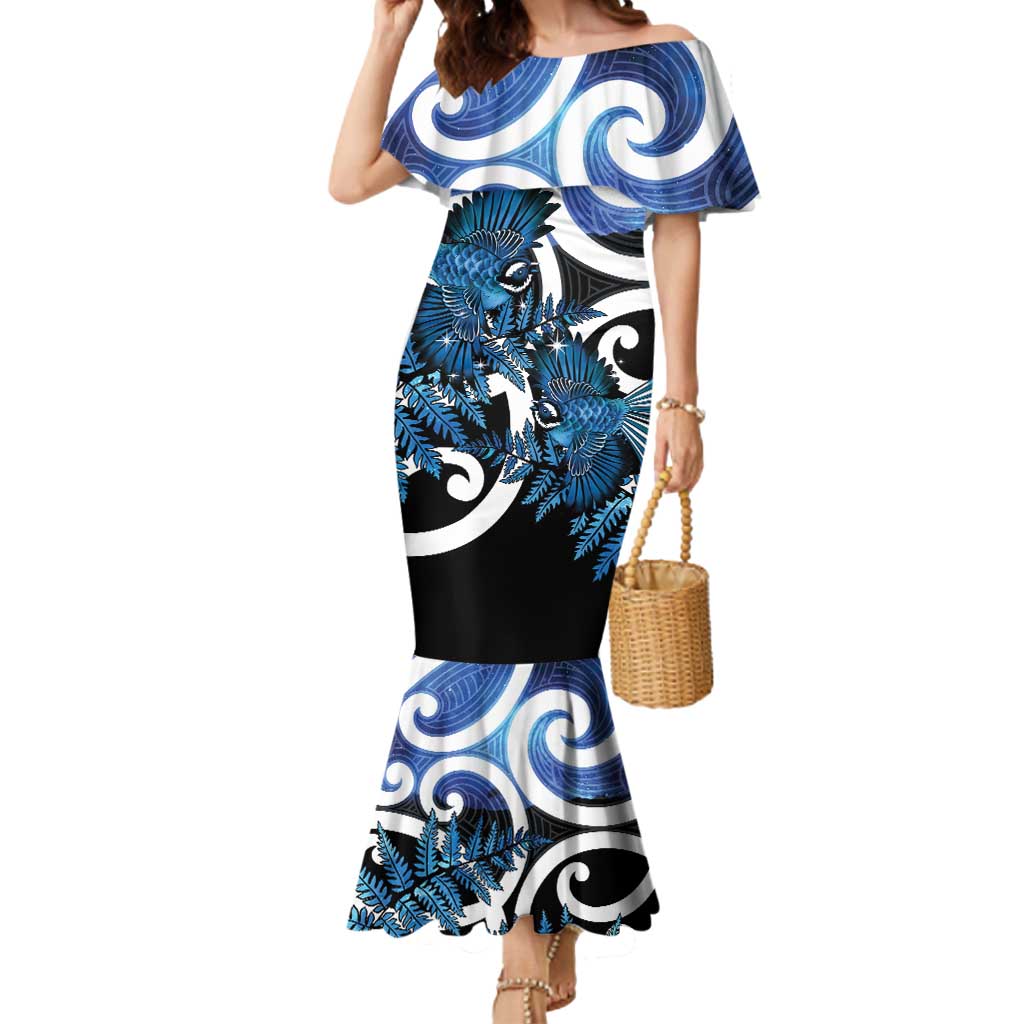 Piwakawaka New Zealand Matariki Mermaid Dress Maori New Year Silver Fern Blue Galaxy