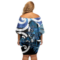 Piwakawaka New Zealand Matariki Off Shoulder Short Dress Maori New Year Silver Fern Blue Galaxy