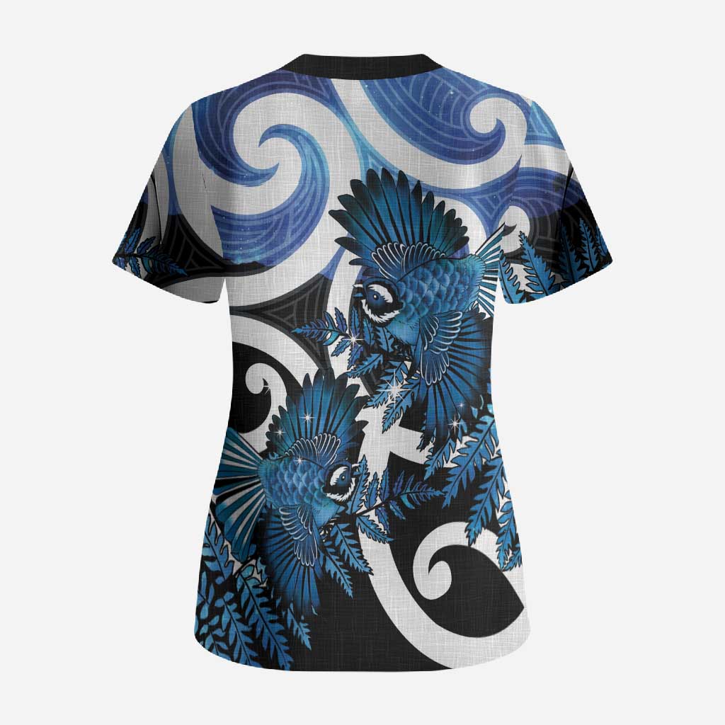 Piwakawaka New Zealand Matariki Scrub Top Maori New Year Silver Fern Blue Galaxy