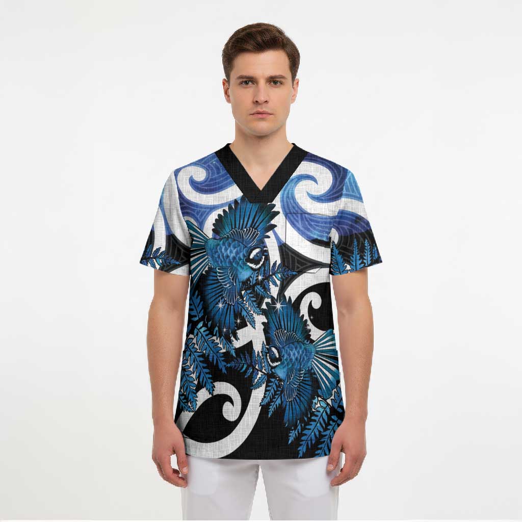 Piwakawaka New Zealand Matariki Scrub Top Maori New Year Silver Fern Blue Galaxy
