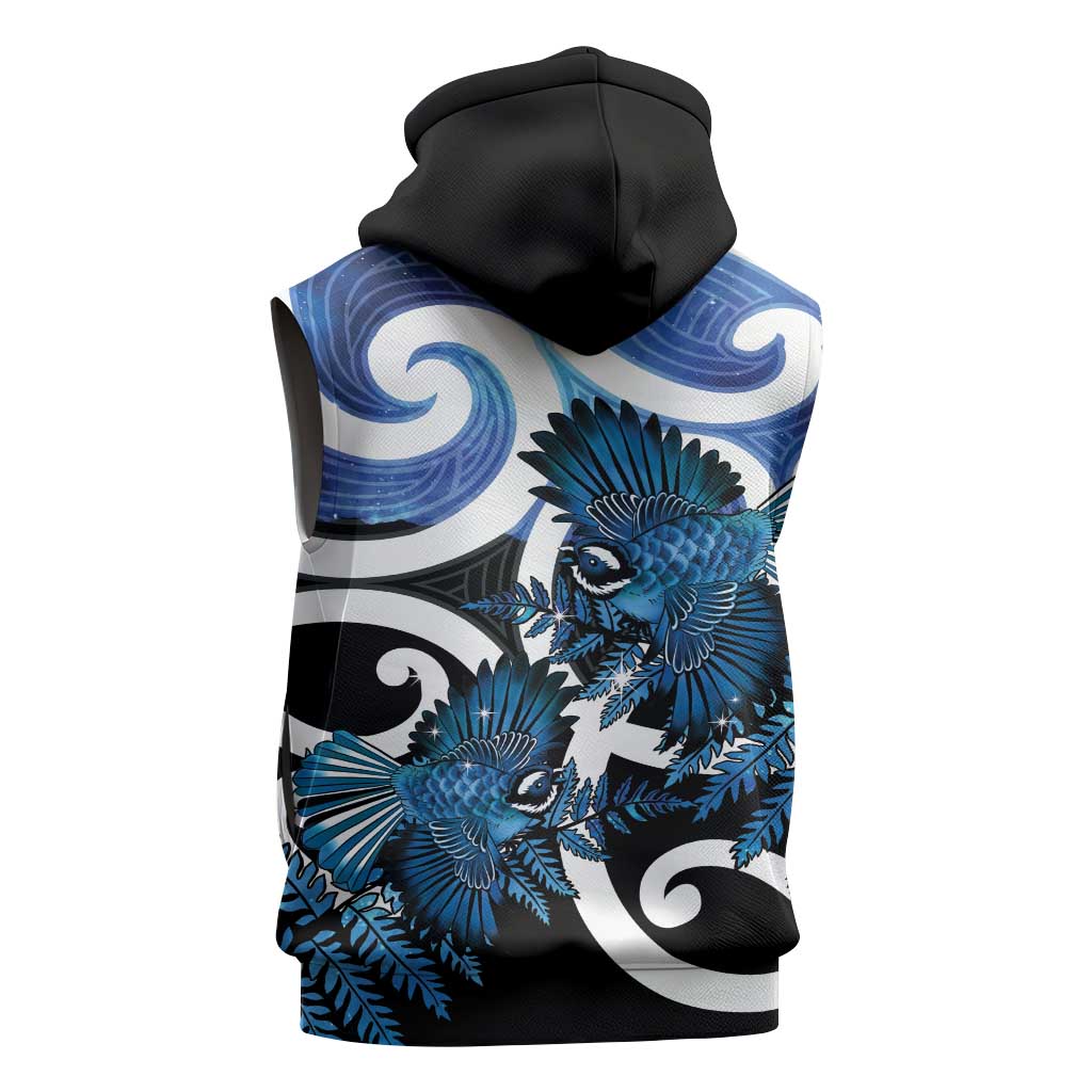 Piwakawaka New Zealand Matariki Sleeveless Hoodie Maori New Year Silver Fern Blue Galaxy LT14 - Polynesian Pride