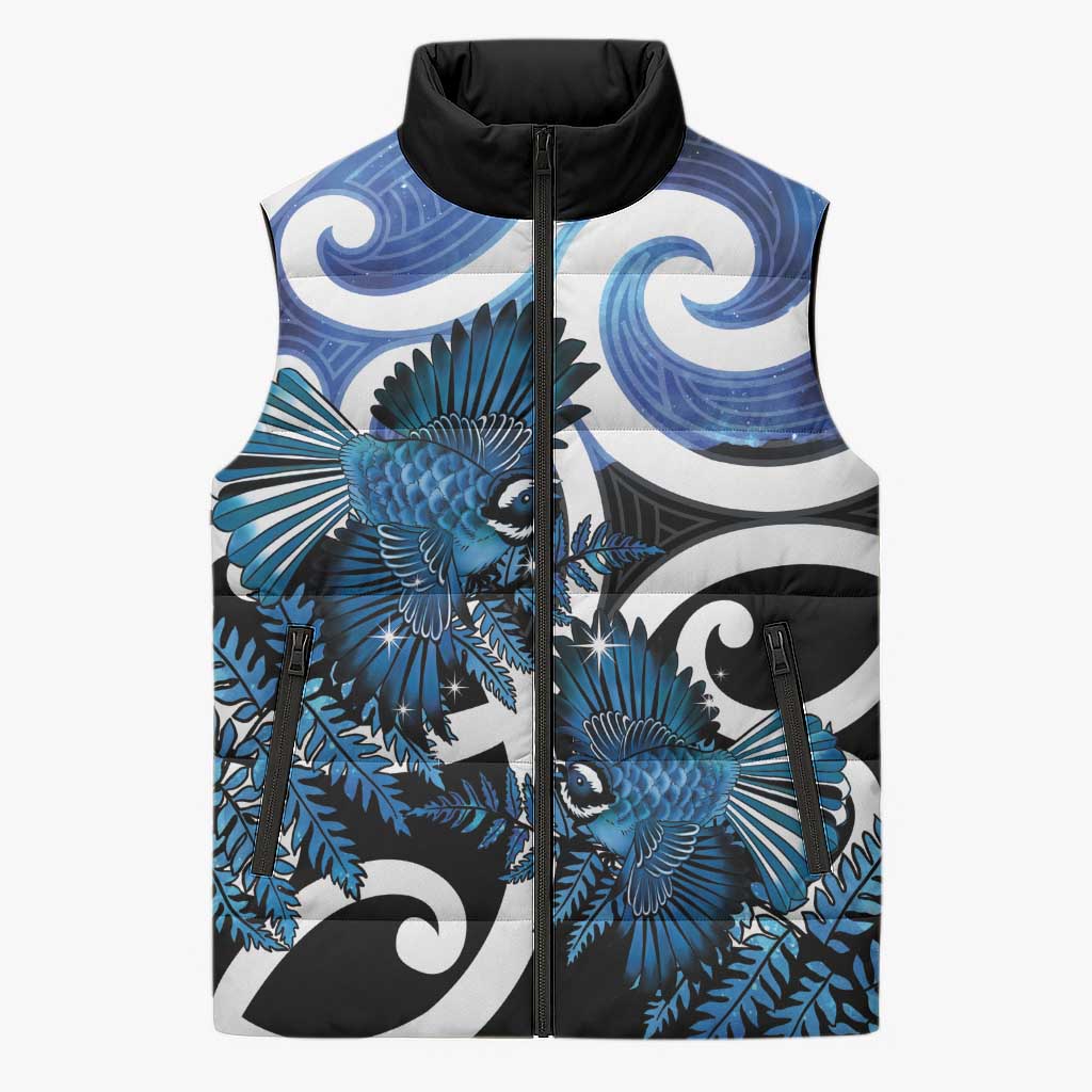 Piwakawaka New Zealand Matariki Sleeveless Puffer Jacket Maori New Year Silver Fern Blue Galaxy