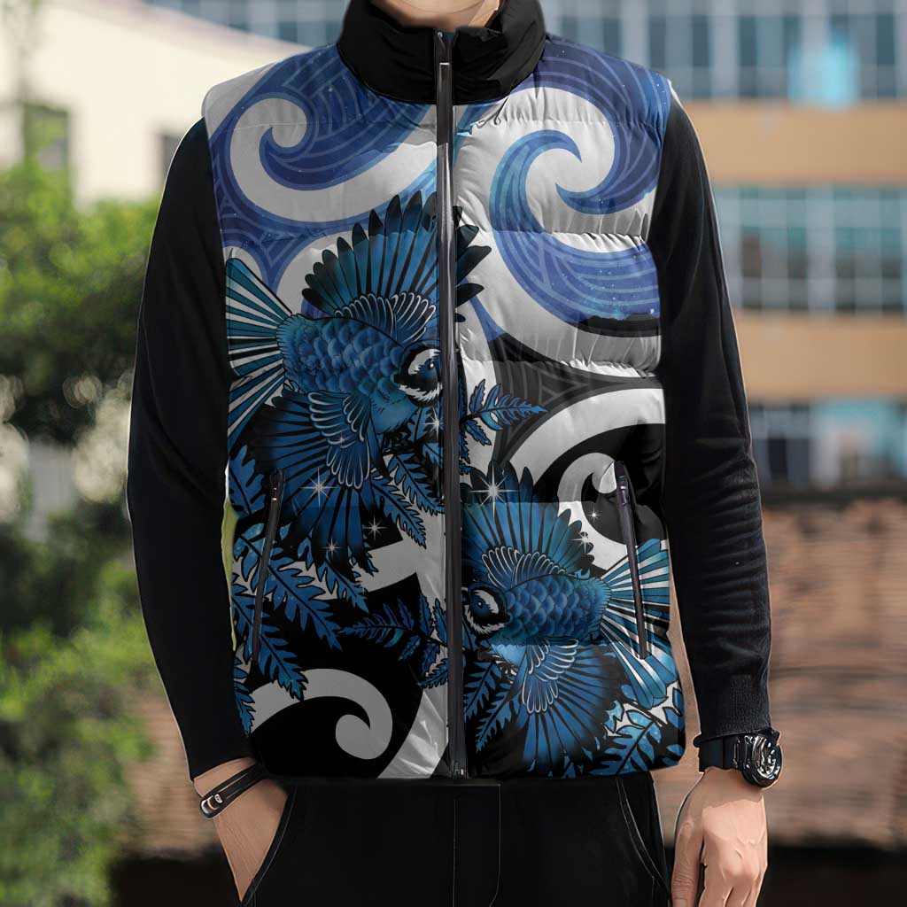 Piwakawaka New Zealand Matariki Sleeveless Puffer Jacket Maori New Year Silver Fern Blue Galaxy