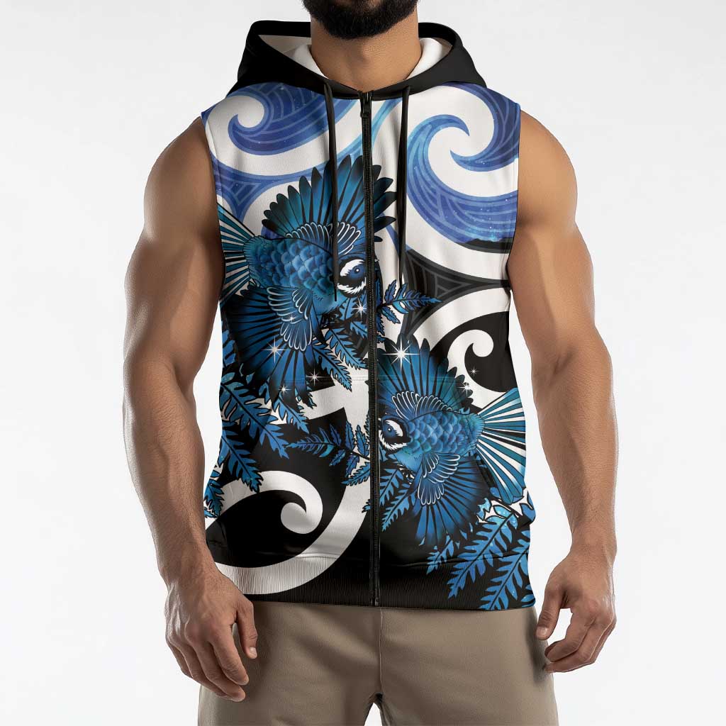 Piwakawaka New Zealand Matariki Sleeveless Zip Hoodie Maori New Year Silver Fern Blue Galaxy LT14 - Polynesian Pride
