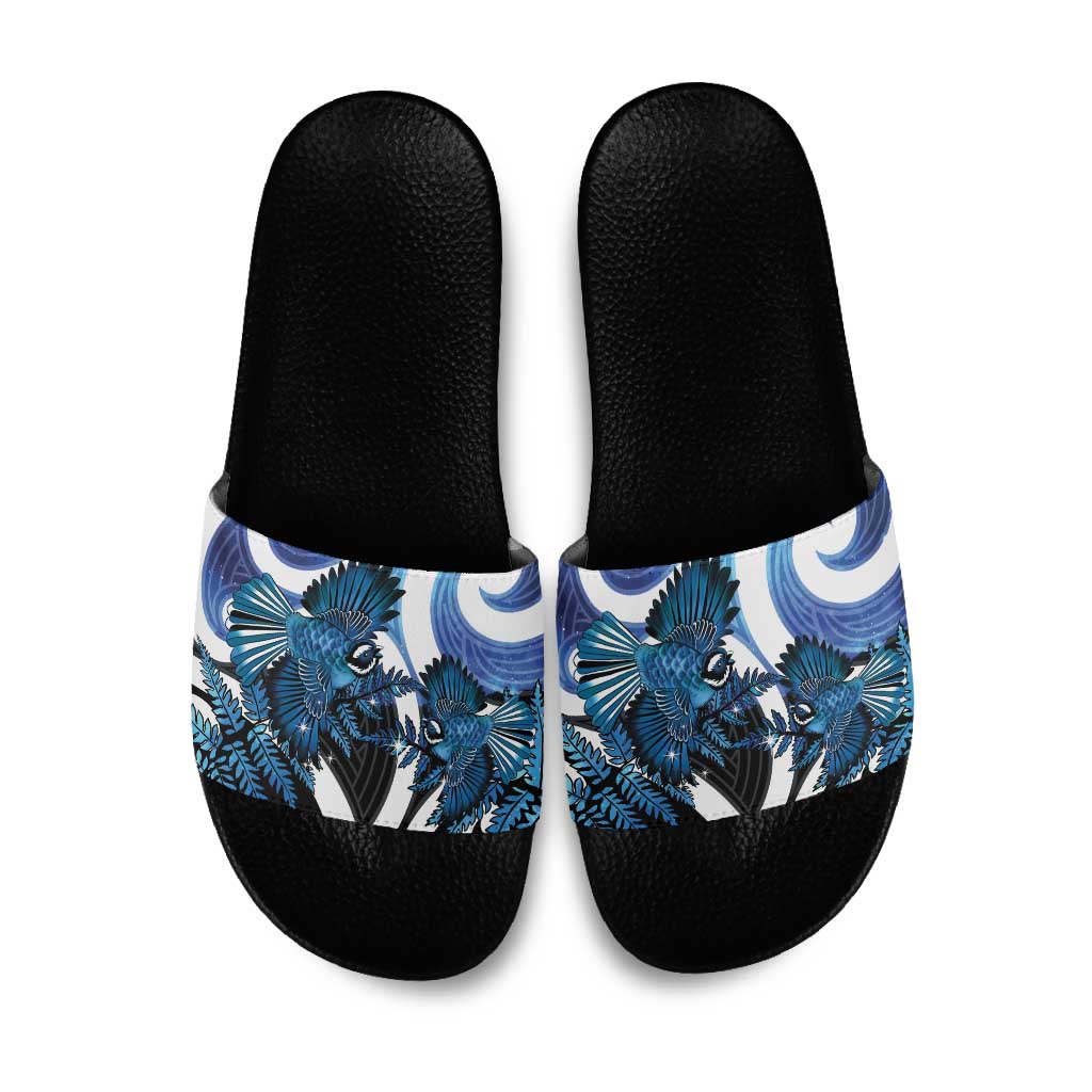 Piwakawaka New Zealand Matariki Slide Sandals Maori New Year Silver Fern Blue Galaxy