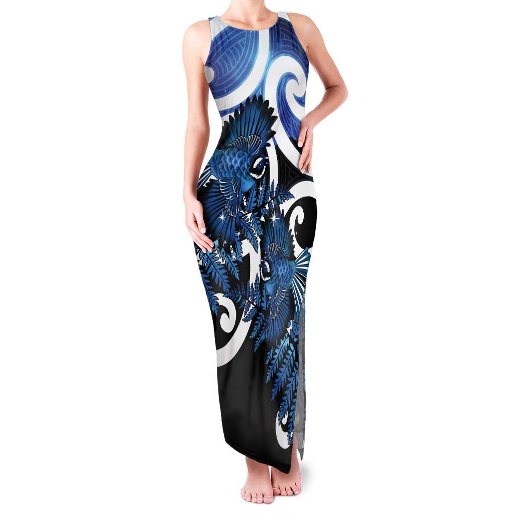 Piwakawaka New Zealand Matariki Tank Maxi Dress Maori New Year Silver Fern Blue Galaxy