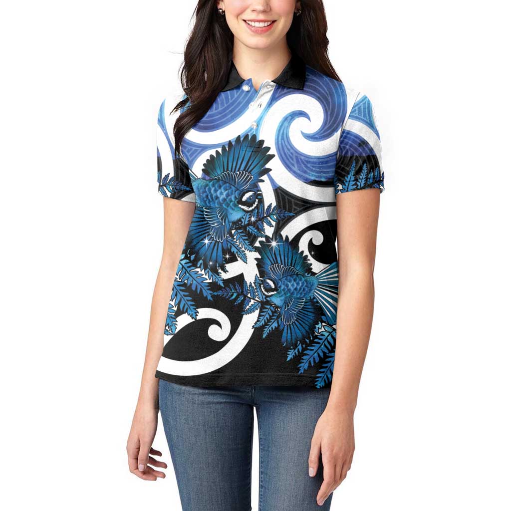 Piwakawaka New Zealand Matariki Women Polo Shirt Maori New Year Silver Fern Blue Galaxy LT14 - Polynesian Pride
