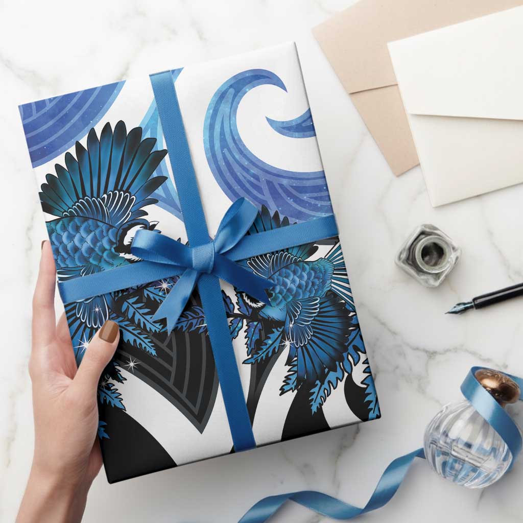 Piwakawaka New Zealand Matariki Wrapping Paper Maori New Year Silver Fern Blue Galaxy