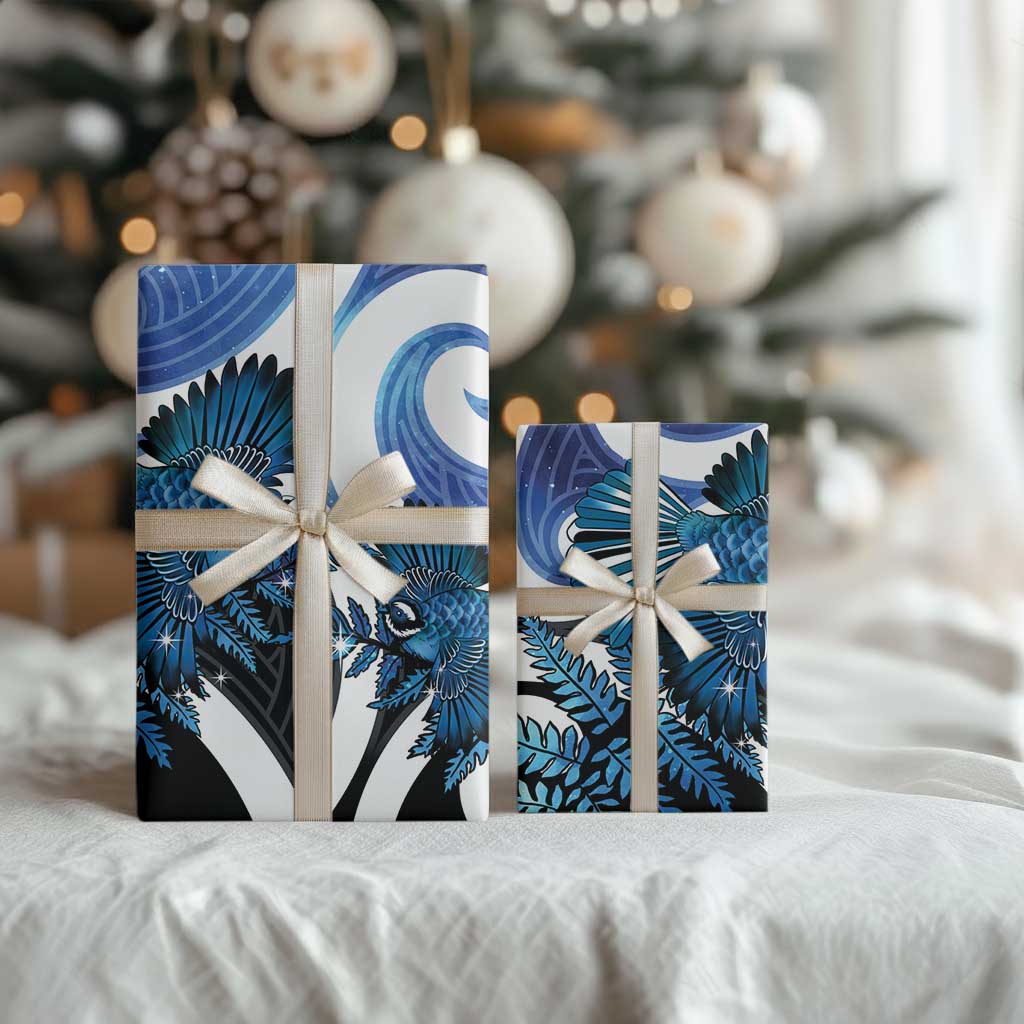 Piwakawaka New Zealand Matariki Wrapping Paper Maori New Year Silver Fern Blue Galaxy
