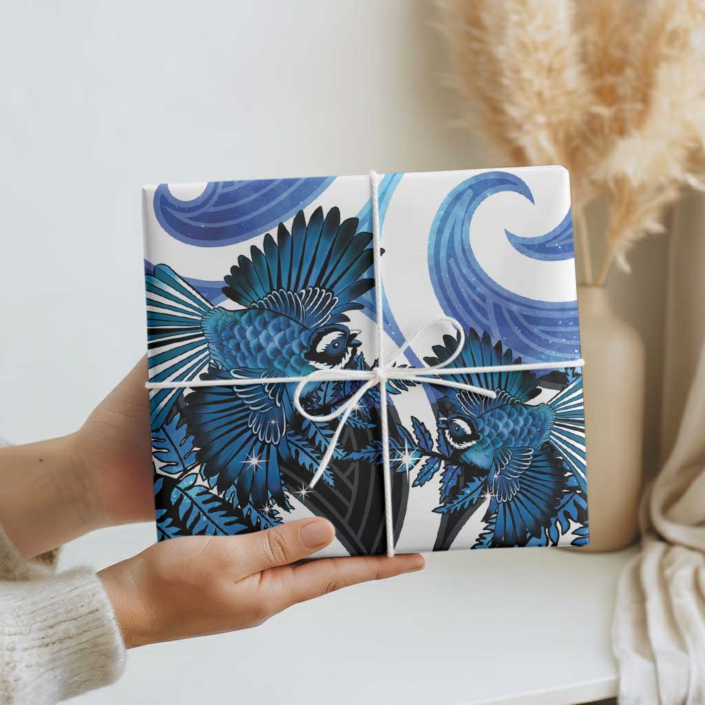 Piwakawaka New Zealand Matariki Wrapping Paper Maori New Year Silver Fern Blue Galaxy