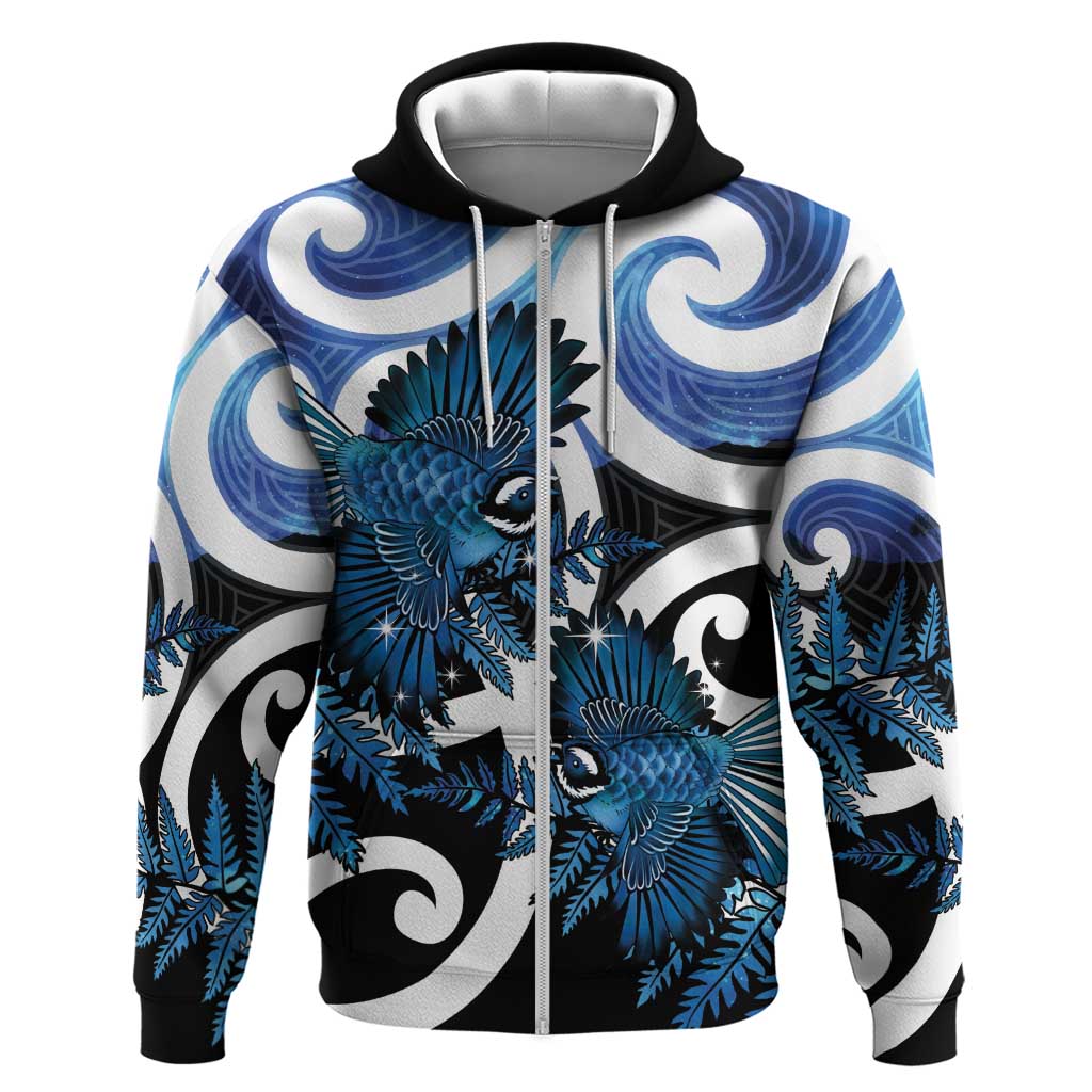 Piwakawaka New Zealand Matariki Zip Hoodie Maori New Year Silver Fern Blue Galaxy LT14 Zip Hoodie Blue - Polynesian Pride