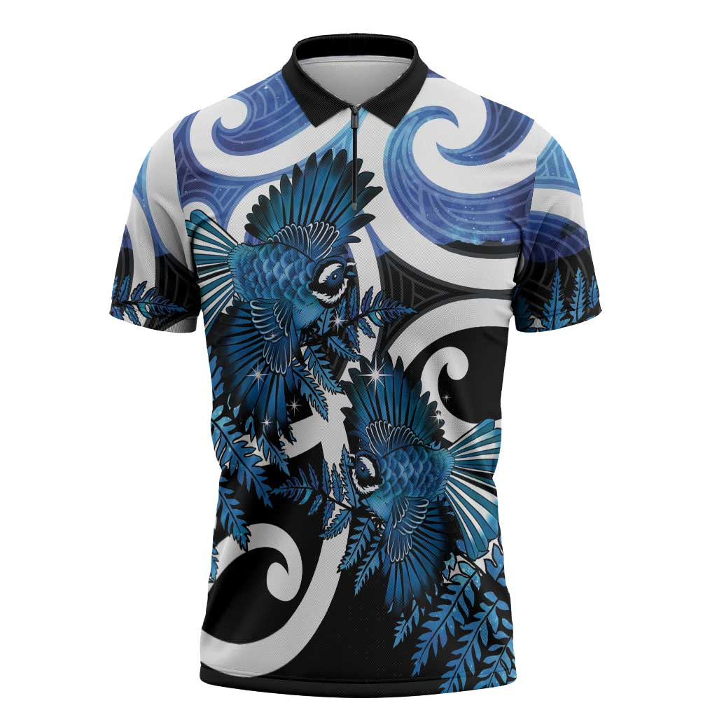 Piwakawaka New Zealand Matariki Zipper Polo Shirt Maori New Year Silver Fern Blue Galaxy