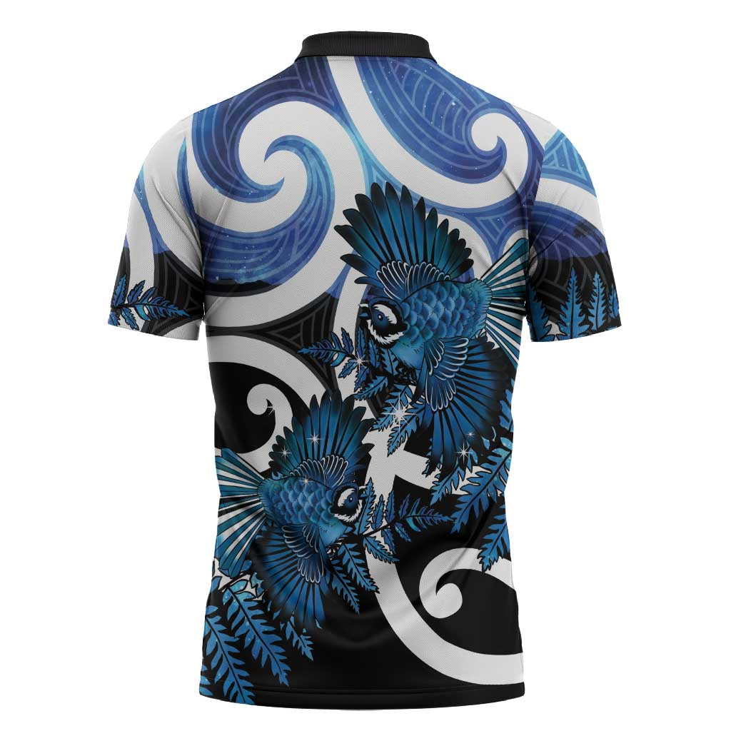Piwakawaka New Zealand Matariki Zipper Polo Shirt Maori New Year Silver Fern Blue Galaxy LT14 - Polynesian Pride