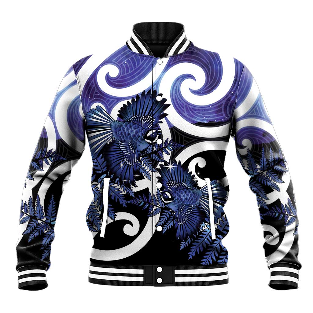 Piwakawaka New Zealand Matariki Baseball Jacket Maori New Year Silver Fern Purple Galaxy