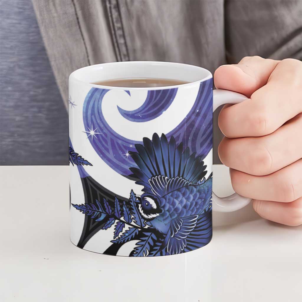 Piwakawaka New Zealand Matariki Ceramic Mug Maori New Year Silver Fern Purple Galaxy