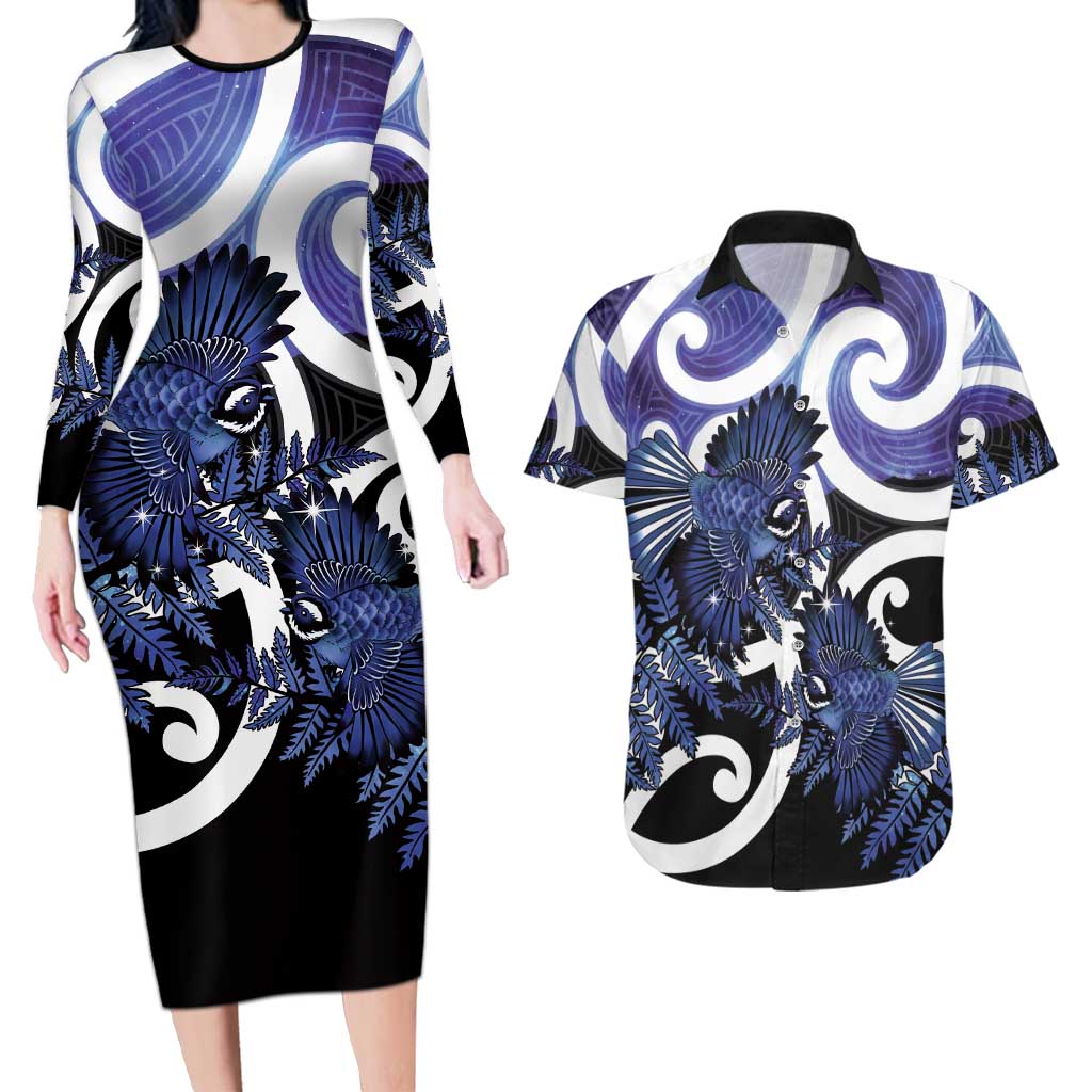 Piwakawaka New Zealand Matariki Couples Matching Long Sleeve Bodycon Dress and Hawaiian Shirt Maori New Year Silver Fern Purple Galaxy LT14 Purple - Polynesian Pride