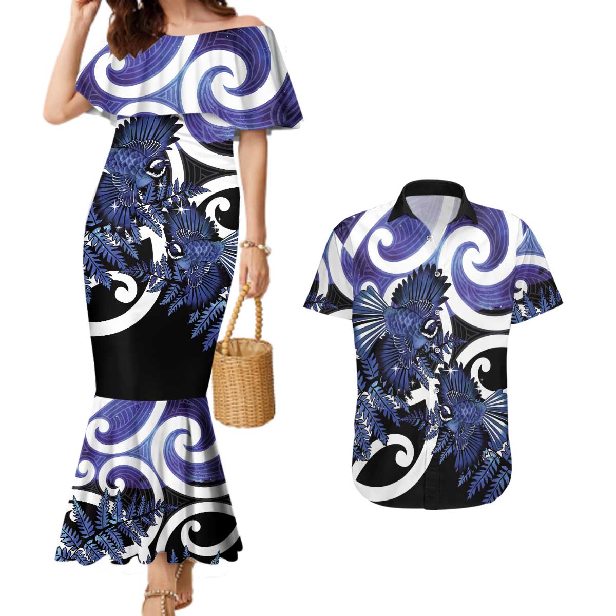 Piwakawaka New Zealand Matariki Couples Matching Mermaid Dress and Hawaiian Shirt Maori New Year Silver Fern Purple Galaxy LT14 Purple - Polynesian Pride