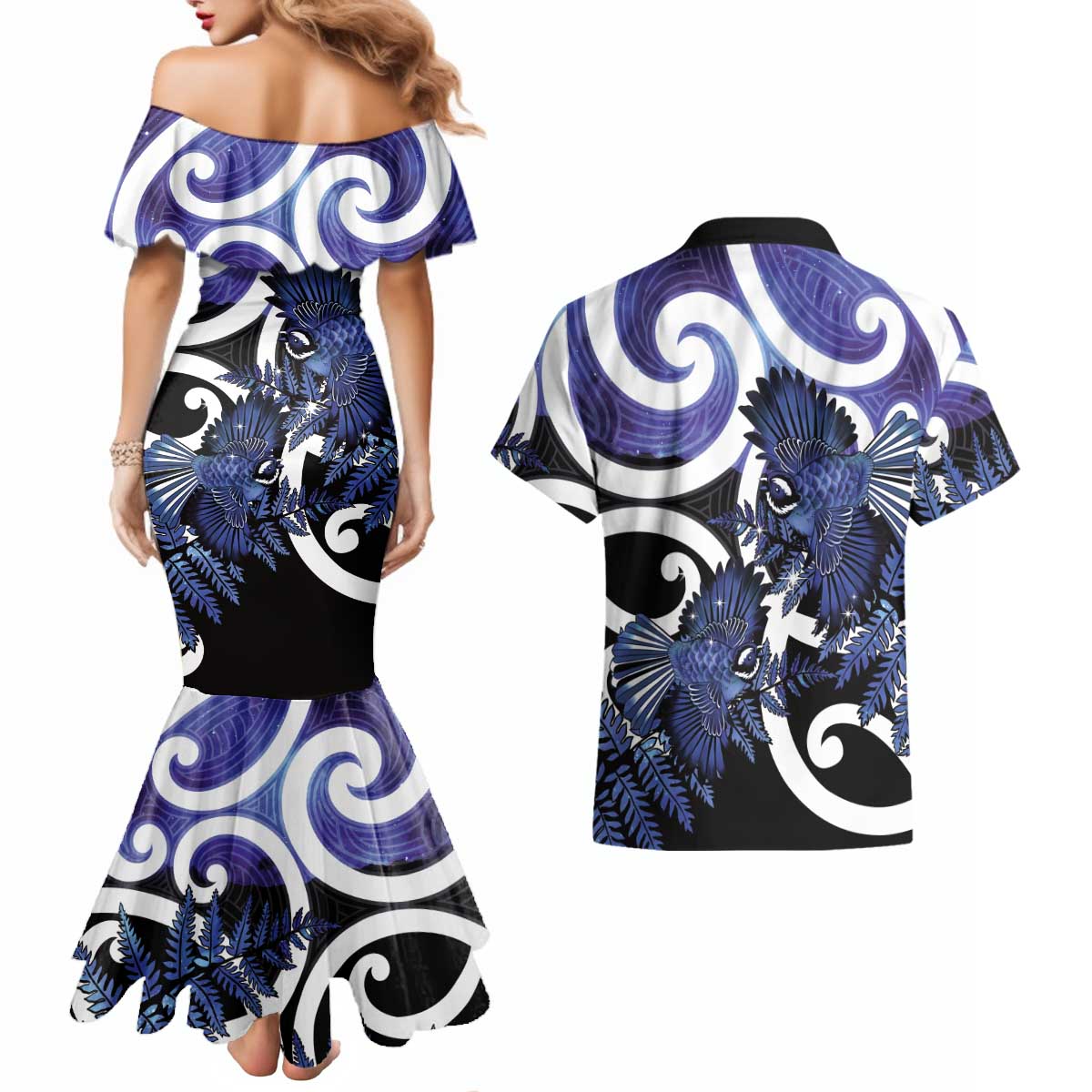 Piwakawaka New Zealand Matariki Couples Matching Mermaid Dress and Hawaiian Shirt Maori New Year Silver Fern Purple Galaxy LT14 - Polynesian Pride