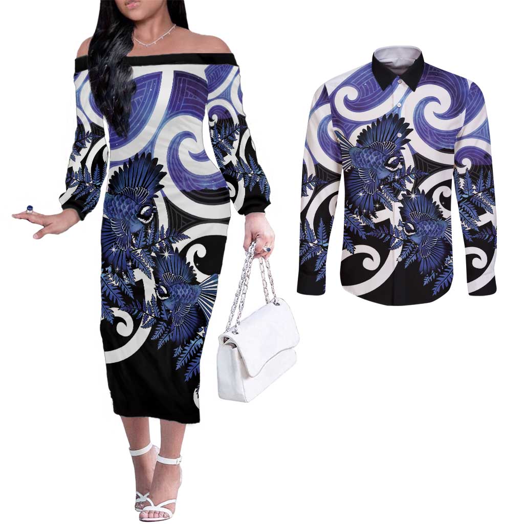 Piwakawaka New Zealand Matariki Couples Matching Off The Shoulder Long Sleeve Dress and Long Sleeve Button Shirt Maori New Year Silver Fern Purple Galaxy LT14 Purple - Polynesian Pride