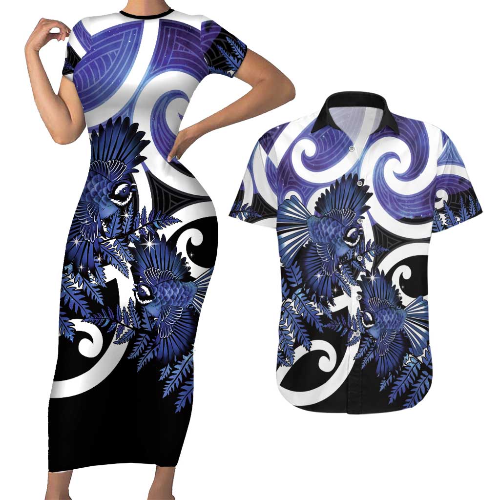 Piwakawaka New Zealand Matariki Couples Matching Short Sleeve Bodycon Dress and Hawaiian Shirt Maori New Year Silver Fern Purple Galaxy LT14 Purple - Polynesian Pride
