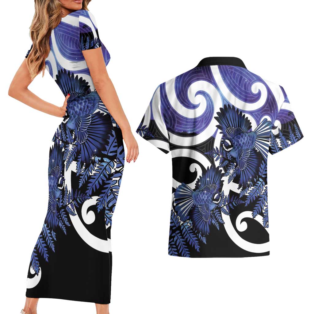 Piwakawaka New Zealand Matariki Couples Matching Short Sleeve Bodycon Dress and Hawaiian Shirt Maori New Year Silver Fern Purple Galaxy LT14 - Polynesian Pride