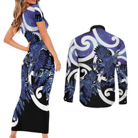 Piwakawaka New Zealand Matariki Couples Matching Short Sleeve Bodycon Dress and Long Sleeve Button Shirt Maori New Year Silver Fern Purple Galaxy LT14 - Polynesian Pride